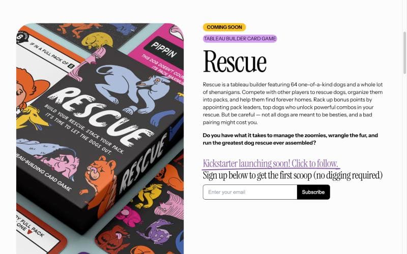The Rescue card game box surrounded by illustrated dog cards